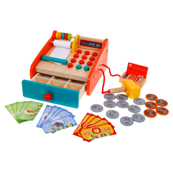 Drewniana Kasa sklepowa dla dzieci 2+ Wysuwana szuflada + Liczydło + Terminal + Czytnik + Akcesoria